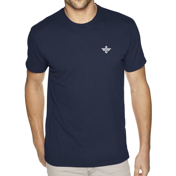 A man wears the Erozul Premium Crewneck T-Shirt in navy blue with a small white logo on the left chest, paired with light pants for superior comfort.